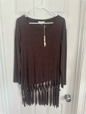 Entro Boutique Purple Brown Long-Sleeve Fringe Hem Tunic